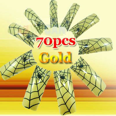 70PCS Spider Web Golden False French Acrylic Nail Tips